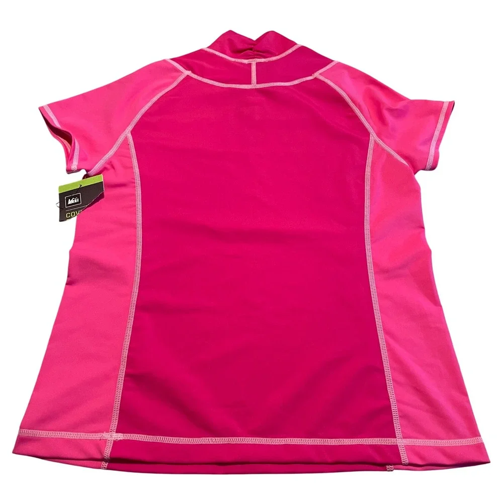 REI Rash Guard Kids L 14-16 Pink Floral Short Sleeve Mock Neck Swim Shirt NWT